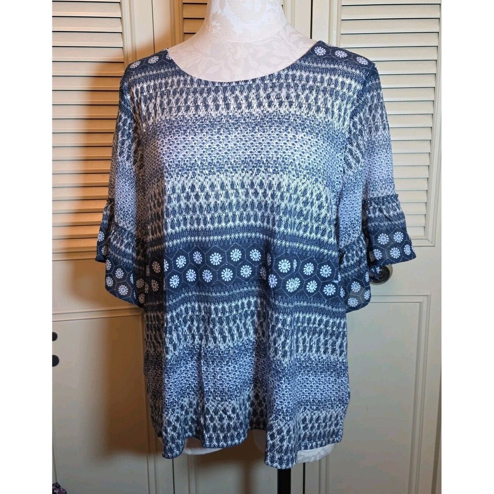 Lucky Brand Womens Blue Print, ½ Flutter Sleeve Top Blouse Size 1X Boho Casual